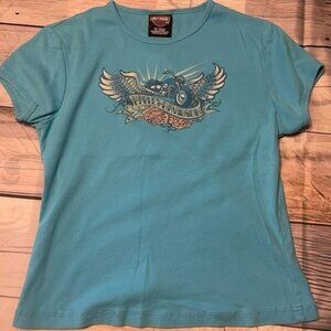 Harley Davidson - Lone Wolf Dealer T shit in light blue. Ladies Large 🔥EUC🔥